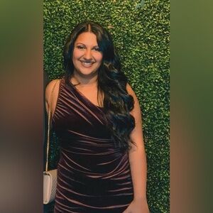 CLUB L LONDON- dark purple velvet one shoulder- asymmetrical ruched midi dress